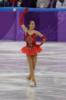 GANGNEUNG, SOUTH KOREA - FEBRUARY 12, 2018: Olympic champion Alina Zagitova of Olympic Athlete from Russia performs in the Team Event Ladies Single Skating Free Skating at the 2018 Winter Olympics clipart