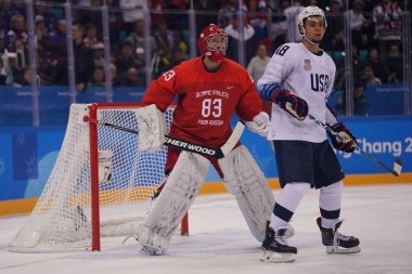 Nin Gangneung, Güney Kore - 17 Şubat 2018: Jordan Greenway takım USA dan Rusya Erkekler Buz hokeyi oyun turunda ön takım olimpik atlet karşı eylem