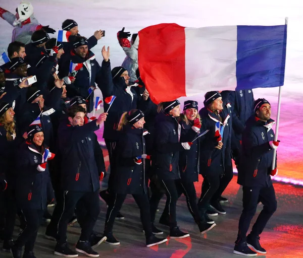 ピョンチャン 2018 オリンピック チャンピオン Martin Fourcade 2018年冬季オリンピックの開会式の間にフランスのオリンピックのチームを率いてフランス国旗を運ぶ — ストック写真