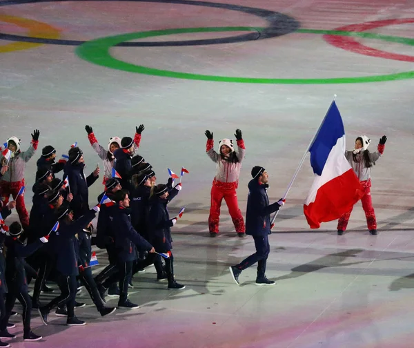 ピョンチャン 2018 オリンピック チャンピオン Martin Fourcade 2018年冬季オリンピックの開会式の間にフランスのオリンピックのチームを率いてフランス国旗を運ぶ — ストック写真