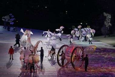 Pyeongchang, Güney Kore - 9 Şubat 2018: açılış töreni 2018 Kış Olimpiyatları. Olimpiyat Oyunları 2018 resmen Pyeongchang, Güney Kore Olimpiyat Stadyumu'nda renkli bir törenle açıldı.