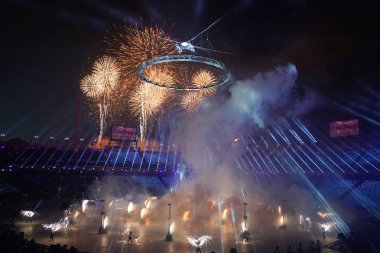 Pyeongchang, Güney Kore - 9 Şubat 2018: açılış töreni 2018 Kış Olimpiyatları. Olimpiyat Oyunları 2018 resmen Pyeongchang, Güney Kore Olimpiyat Stadyumu'nda renkli bir törenle açıldı.