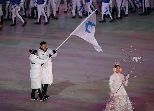 Pyeongchang Νότια Κορέα Φεβρουαρίου 2018 Ηνωμένο Ολυμπιακή Ομάδα Κορέα Βάδισε — Φωτογραφία Αρχείου