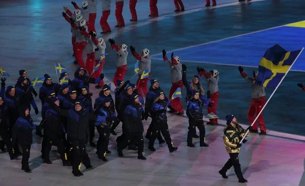 2018年2月9日 瑞典睫毛 Niklas 哲科携带瑞典国旗率领奥林匹克队瑞典在平昌2018冬奥会开幕式上举行 — 图库照片