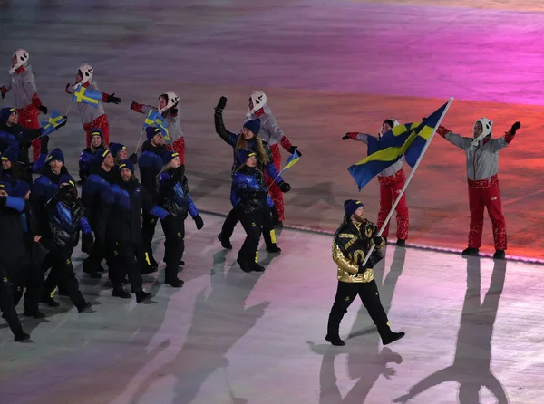 ピョンチャン 2018 スウェーデン カーラー昌 2018年冬季オリンピックの開会式でオリンピック チーム スウェーデンをリードするスウェーデンの旗を持ってニクラス エディン — ストック写真