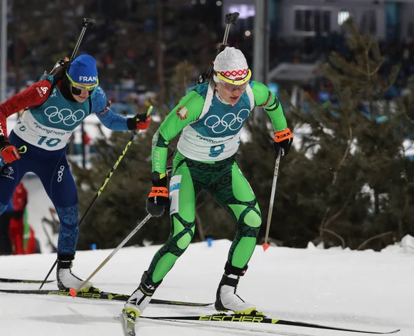 Pyeongchang Νότια Κορέα Φεβρουαρίου 2018 Ολυμπιονίκης Ντάρια Domracheva Της Λευκορωσίας — Φωτογραφία Αρχείου