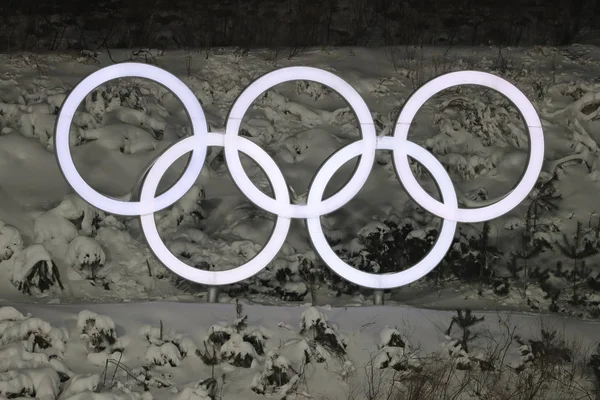 Olympijské Kruhy Pyeongchang Jižní Korea Února 2018 Střelnici Alpensia Centra — Stock fotografie