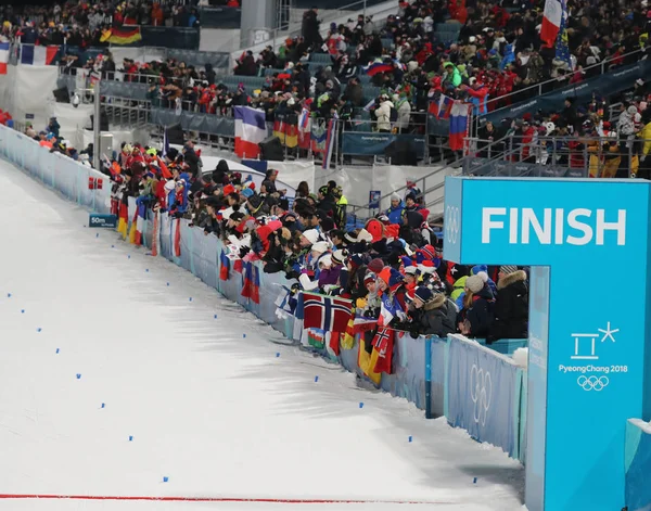 Pyeongchang Corée Sud Février 2018 Fans Biathlon Lors Départ Masse — Photo