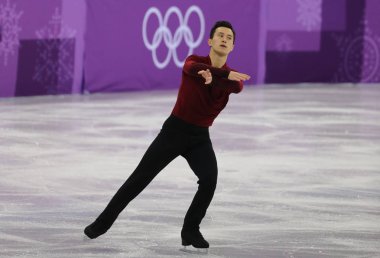 Tarihleri, Güney Kore - 12 Şubat 2018: Olimpiyat Şampiyonu Patrick Chan Kanada içinde takım olay erkekler tek buz pateni serbest program'in Gangneung buz Arena 2018 Kış Olimpiyatları gerçekleştirir