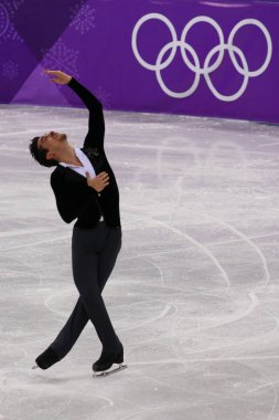Tarihleri, Güney Kore - 16 Şubat 2018: Bronz madalya Javier Fernandez İspanya erkekler tek buz pateni kısa programda 2018 Kış Olimpiyat Oyunları'nin Gangneung buz Arena gerçekleştirir