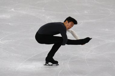 Tarihleri, Güney Kore - 16 Şubat 2018: Nathan Chen Amerika Birleşik Devletleri'nin erkekler tek buz pateni kısa programda 2018 Kış Olimpiyat Oyunları'nin Gangneung buz Arena gerçekleştirir