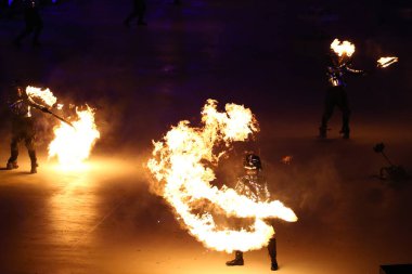 Pyeongchang, Güney Kore - 12 Şubat 2018: açılış töreni 2018 Kış Olimpiyatları. Olimpiyat Oyunları 2018 resmen Pyeongchang Olimpiyat Stadyumu'nda renkli bir törenle açıldı.