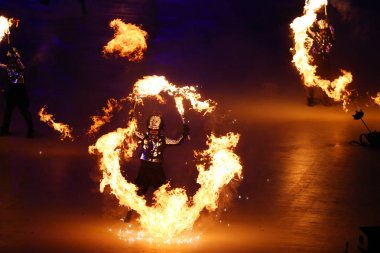 PYEONGCHANG, Güney Kore - 9 Şubat 2018: 2018 Kış Olimpiyatları Açılış Töreni. Olimpiyat Oyunları 2018, PyeongChang Olimpiyat Stadyumu 'nda renkli bir törenle resmen açıldı.