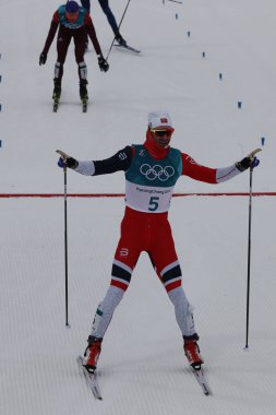 Pyeongchang, Güney Kore - 11 Şubat 2018: bronz madalya Hans Christer Holund Norveç'in bitiş çizgisinde erkekler 15 km + 15 km Skiathlon 2018 Kış Olimpiyat Oyunları'nda toplu çıkış