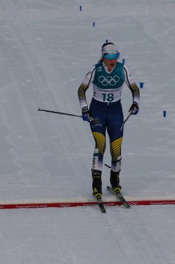 Pyeongchang, Güney Kore - 10 Şubat 2018: Ebba Andersson bitiş çizgisine bayanlar 7.5 km + 7.5 km Skiathlon 2018 Kış Olimpiyatları'nda toplu çıkış sırasında İsveç