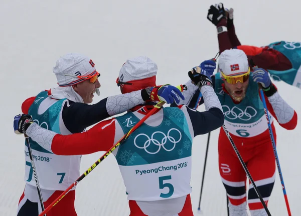 Pyeongchang Sydkorea Februari 2018 Team Norge Firar Segern Vid Masstart — Stockfoto