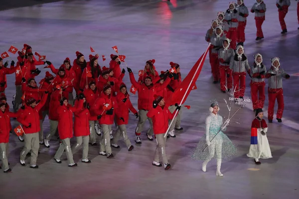 Pyeongchang Sydkorea Februari 2018 Olympisk Mästare Dario Cologna Bära Flaggan — Stockfoto