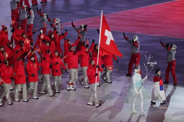 Pyeongchang Güney Kore Şubat 2018 Olimpiyat Şampiyonu Dario Sviçre Bayrağı — Stok fotoğraf