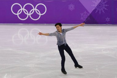Tarihleri, Güney Kore - 16 Şubat 2018: Vincent Zhou Amerika Birleşik Devletleri'nin erkekler tek buz pateni kısa programda 2018 Kış Olimpiyat Oyunları'nin Gangneung buz Arena gerçekleştirir