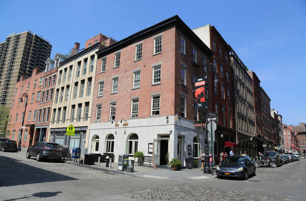 NEW YORK - MAY 3, 2018: Historic buildings at the South Street Seaport district in Lower Manhattan