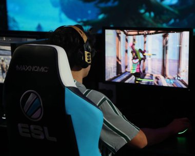 Melbourne, Avustralya - 27 Ocak 2019: Fortnite yaz Smash Avustralya Açık 2019 içinde Melbourne sırasında yüzlerce Fortnite oyuncular rekabet. Epic Games tarafından geliştirilen ve 2017 yılında yayımlanan bir online video oyunu Fortnite olduğunu