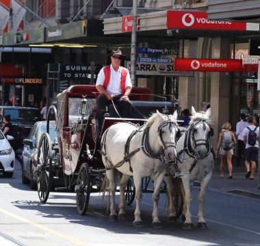 Melbourne, Avustralya - 25 Ocak 2019: Melbourne 'da bir at arabası. Nakliye Melbourne 'da turistler arasında popülerdir.