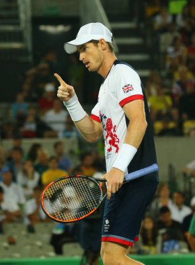 Rio De Janeiro, Brezilya - 14 Ağustos 2016: Olimpiyat şampiyonu Büyük Britanya Andy Murray, Rio 2016 Olimpiyat Tenis Merkezi 'nde oynanan erkekler tekler final maçında