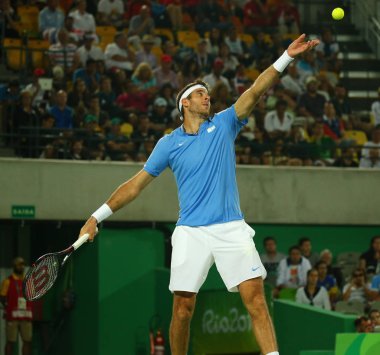 Rio De Janeiro, Brezilya - 14 Ağustos 2016: Grand Slam şampiyonu Juan Martin Del Potro Arjantin onun erkekler tekler final maçı sırasında eylem Rio 2016 Olimpiyat Oyunları, Olympic Tennis Centre '