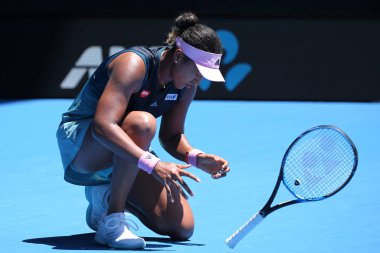 Melbourne, Avustralya - 21 Ocak 2019: Grand Slam şampiyonu Naomi Osaka Japonya'nın onun turda 2019 Avustralya Açık Melbourne Park 16 maçın başında