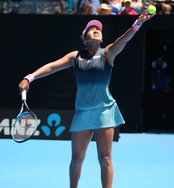 Melbourne, Avustralya - 21 Ocak 2019: Grand Slam şampiyonu Naomi Osaka Japonya'nın onun turda 2019 Avustralya Açık Melbourne Park 16 maçın başında