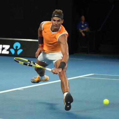 Melbourne, Avustralya - 25 Ocak 2019 Melbourne Park 'ta oynanan 2019 Avustralya Açık yarı final karşılaşmasında 17 Grand Slam şampiyonu İspanyol Rafael Nadal