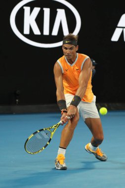 Melbourne, Avustralya - 25 Ocak 2019 Melbourne Park 'ta oynanan 2019 Avustralya Açık yarı final karşılaşmasında 17 Grand Slam şampiyonu İspanyol Rafael Nadal