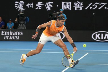 Melbourne, Avustralya - 25 Ocak 2019 Melbourne Park 'ta oynanan 2019 Avustralya Açık yarı final karşılaşmasında 17 Grand Slam şampiyonu İspanyol Rafael Nadal