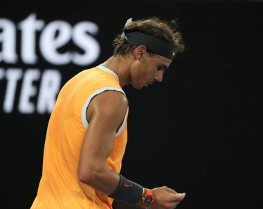 Melbourne, Avustralya - 25 Ocak 2019 Melbourne Park 'ta oynanan 2019 Avustralya Açık yarı final karşılaşmasında 17 Grand Slam şampiyonu İspanyol Rafael Nadal