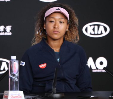 Melbourne, Avustralya - 26 Ocak 2019 Avustralya Açık Şampiyonu Naomi Osaka, Melbourne Park 'taki Rod Laver Arena' daki final maçında kazandığı galibiyetin ardından düzenlediği basın toplantısında