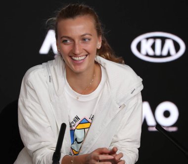 Melbourne, Avustralya - 26 Ocak 2019 Avustralya Açık finalisti Petra Kvitova, Melbourne 'daki Rod Laver Arena' da oynanan final maçının ardından düzenlediği basın toplantısında 