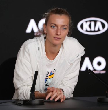 Melbourne, Avustralya - 26 Ocak 2019 Avustralya Açık finalisti Petra Kvitova, Melbourne 'daki Rod Laver Arena' da oynanan final maçının ardından düzenlediği basın toplantısında 