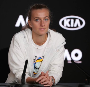 Melbourne, Avustralya - 26 Ocak 2019 Avustralya Açık finalisti Petra Kvitova, Melbourne 'daki Rod Laver Arena' da oynanan final maçının ardından düzenlediği basın toplantısında 