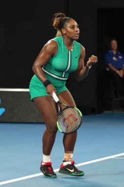 Melbourne, Avustralya - 21 Ocak 2019: 23 kez Grand Slam şampiyonu Serena Williams onun turda 2019 Avustralya Açık Melbourne Park 16 maçın başında Amerika Birleşik Devletleri