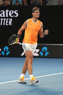 Melbourne, Avustralya - 25 Ocak 2019: 17 Grand Slam şampiyonu İspanyol Rafael Nadal, Melbourne Park 'ta oynanan 2019 Avustralya Açık' taki yarı final karşılaşmasından sonra zaferini kutladı.