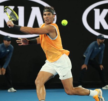 Melbourne, Avustralya - 27 Ocak 2019: Melbourne Park 'ta oynanan 2019 Avustralya Açık' ta Novak Cokoviç 'e karşı oynadığı final karşılaşmasında 17 Grand Slam şampiyonu Rafael Nadal