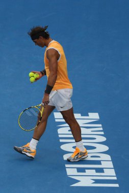 Melbourne, Avustralya - 27 Ocak 2019: Melbourne Park 'ta oynanan 2019 Avustralya Açık' ta Novak Cokoviç 'e karşı oynadığı final karşılaşmasında 17 Grand Slam şampiyonu Rafael Nadal