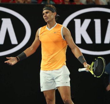 Melbourne, Avustralya - 27 Ocak 2019: Melbourne Park 'ta oynanan 2019 Avustralya Açık' ta Novak Cokoviç 'e karşı oynadığı final karşılaşmasında 17 Grand Slam şampiyonu Rafael Nadal