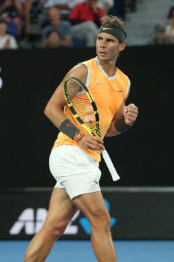 Melbourne, Avustralya - 27 Ocak 2019: Melbourne Park 'ta oynanan 2019 Avustralya Açık' ta Novak Cokoviç 'e karşı oynadığı final karşılaşmasında 17 Grand Slam şampiyonu Rafael Nadal