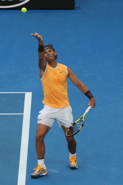 Melbourne, Avustralya - 27 Ocak 2019: Melbourne Park 'ta oynanan 2019 Avustralya Açık' ta Novak Cokoviç 'e karşı oynadığı final karşılaşmasında 17 Grand Slam şampiyonu Rafael Nadal