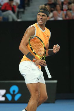 Melbourne, Avustralya - 27 Ocak 2019: Melbourne Park 'ta oynanan 2019 Avustralya Açık' ta Novak Cokoviç 'e karşı oynadığı final karşılaşmasında 17 Grand Slam şampiyonu Rafael Nadal