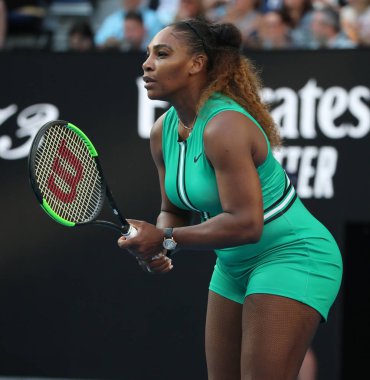 Melbourne, Avustralya - 21 Ocak 2019: 23 kez Grand Slam şampiyonu Serena Williams onun turda 2019 Avustralya Açık Melbourne Park 16 maçın başında Amerika Birleşik Devletleri