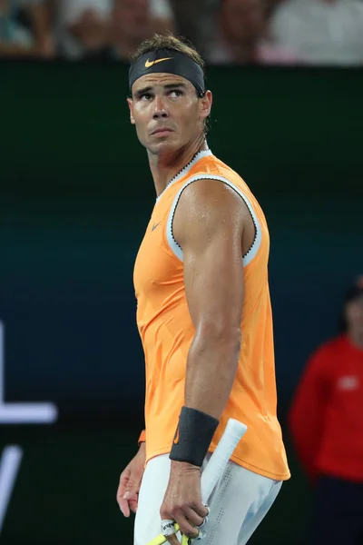 stock image MELBOURNE, AUSTRALIA - JANUARY 22, 2019: Seventeen times Grand Slam champion Rafael Nadal of Spain in action during his  his quarter-final match at 2019 Australian Open in Melbourne Park