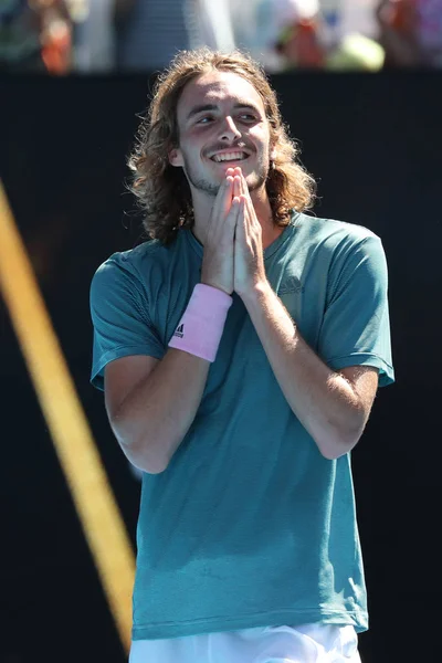 Melbourne Austrália Janeiro 2019 Tenista Profissional Stefanos Tsitsipas Grécia Celebra — Fotografia de Stock