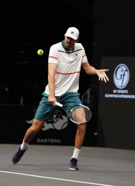 UNIONDALE, NEW YORK - FEBRUARY 16, 2020:  2020 New York Open tennis tournament Champion Kyle Edmund of Great Britain during trophy presentation after his final match victory  in Uniondale, New York